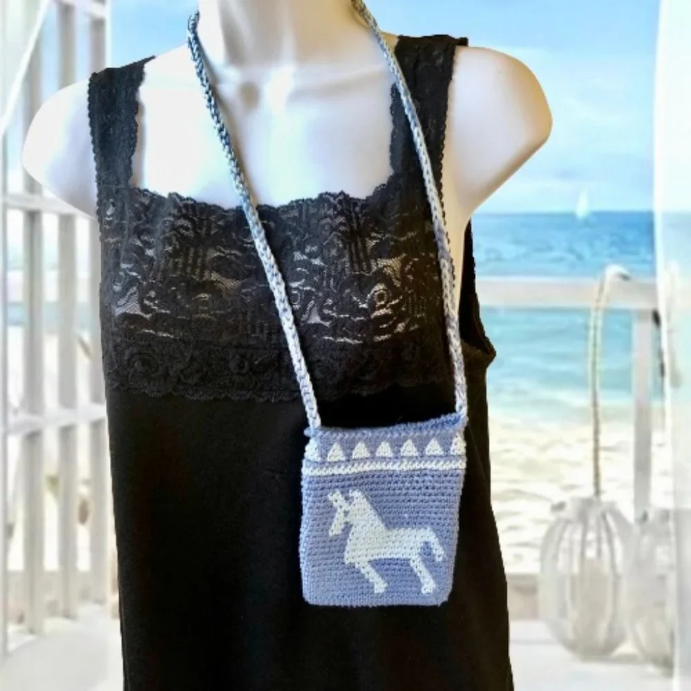 Little Girls Knit Shouder Crossbody Bag Purse Blue Llama Horse Double Sided